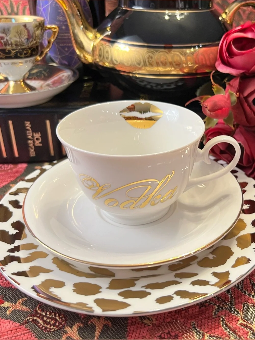 Vodka & Gold Lips Teacup & Saucer | White Ceramic with Gold Trim